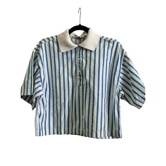 Vintage Striped Cotton Polo Crop Top | Blue Stripe Collared Shirt | Size Small