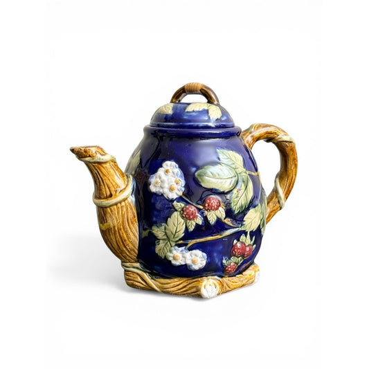 Vintage Cobalt Blue Majolica Style Teapot – Raised Blackberry & Floral Design – Cottagecore Kitchen Decor