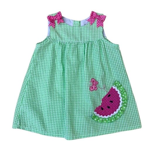 Rare Editions Baby Girl Watermelon Dress 18M Green Gingham Pink Bow Summer Outfit