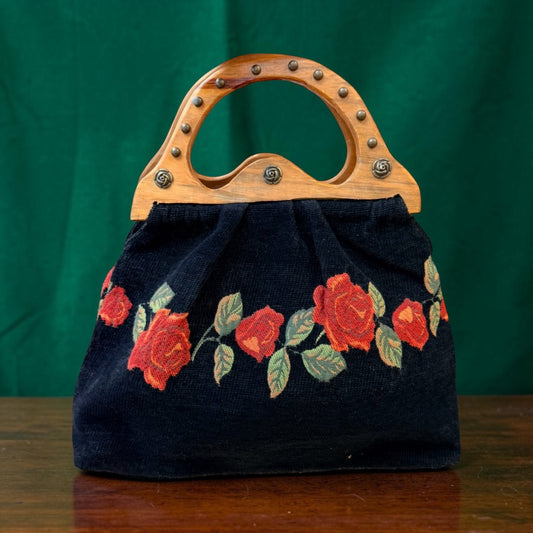 Vintage 70's Floral Needlepoint Handbag Wood Handle | Black Velvet Rose Purse