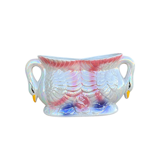 Vintage Iridescent Swan Planter | Double Swan Vase | Lusterware Ceramic Bowl | Cottagecore Decor