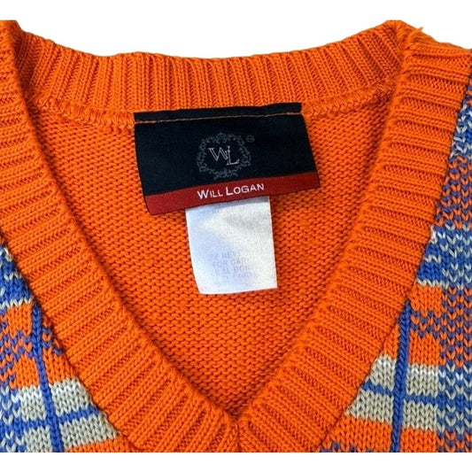 Vintage Kids Orange Plaid Sweater Vest Bold Retro Knit Preppy Statement Piece