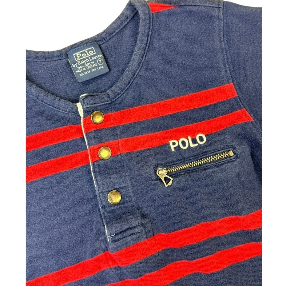 Polo Ralph Lauren Boys Size 7 Navy Red Stripe Polo Shirt 100% Cotton Classic Logo