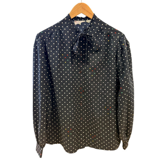 Vintage 80s Polka Dot Blouse Secretary Bow Tie Top Black White Retro Lady Manhattan Size 16