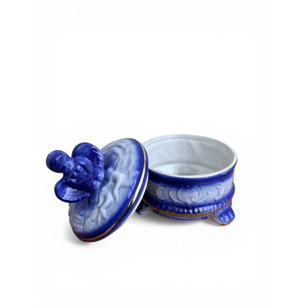 Vintage Blue & White Ceramic Angel Trinket Box w/ Gold Trim | Footed Vanity Jar | Cherub Lid