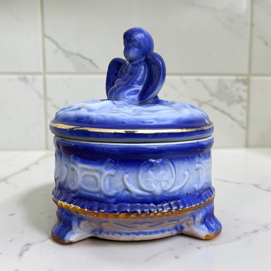 Vintage Blue & White Ceramic Angel Trinket Box w/ Gold Trim | Footed Vanity Jar | Cherub Lid