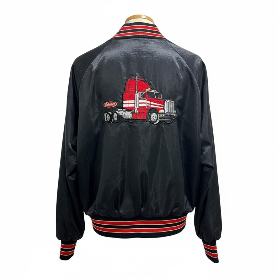 Vintage Peterbilt Satin Bomber Jacket Tonkin Inc Embroidered Semi Truck Rare Trucker Jacket