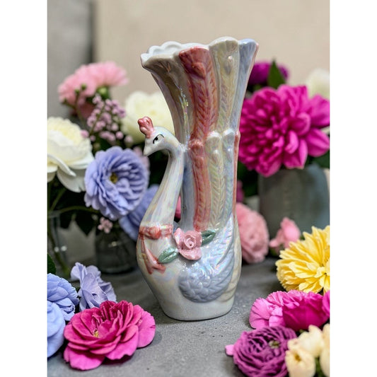 Vintage Iridescent Peacock Vase – Pastel Lustreware Porcelain Floral Vase, Cottagecore Decor