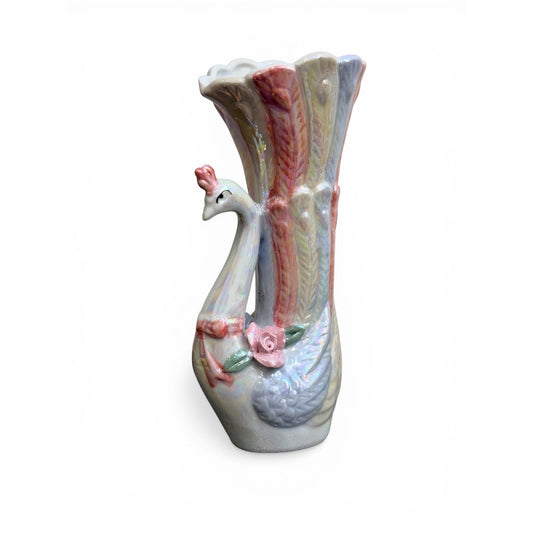 Vintage Iridescent Peacock Vase – Pastel Lustreware Porcelain Floral Vase, Cottagecore Decor