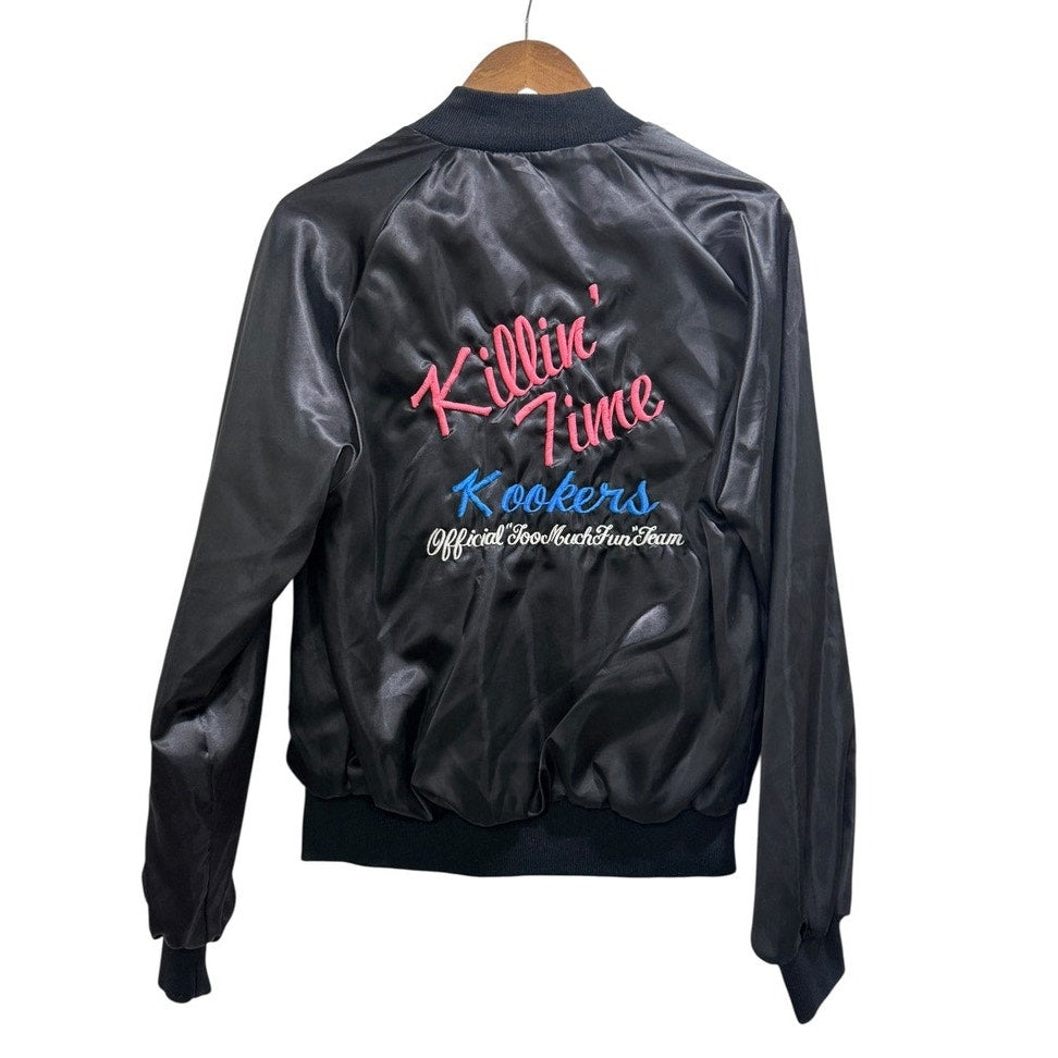 Vintage Satin Bomber Jacket Killin Time Kookers Lady Bandit Black USA Made Small Fit Retro 90s
