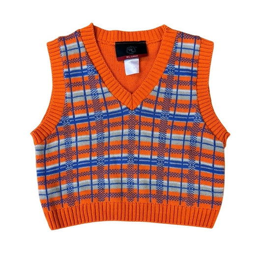 Vintage Kids Orange Plaid Sweater Vest Bold Retro Knit Preppy Statement Piece