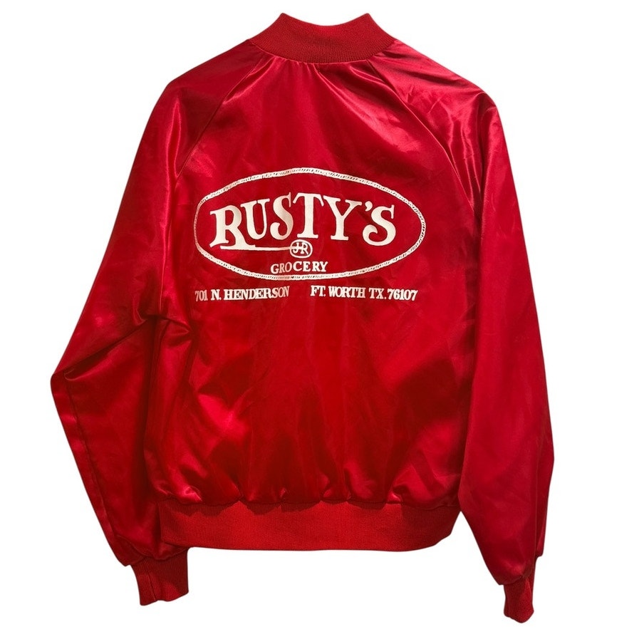 Vintage Rusty’s Grocery Satin Bomber Jacket Red USA Made Fort Worth Texas Advertising Jacket L