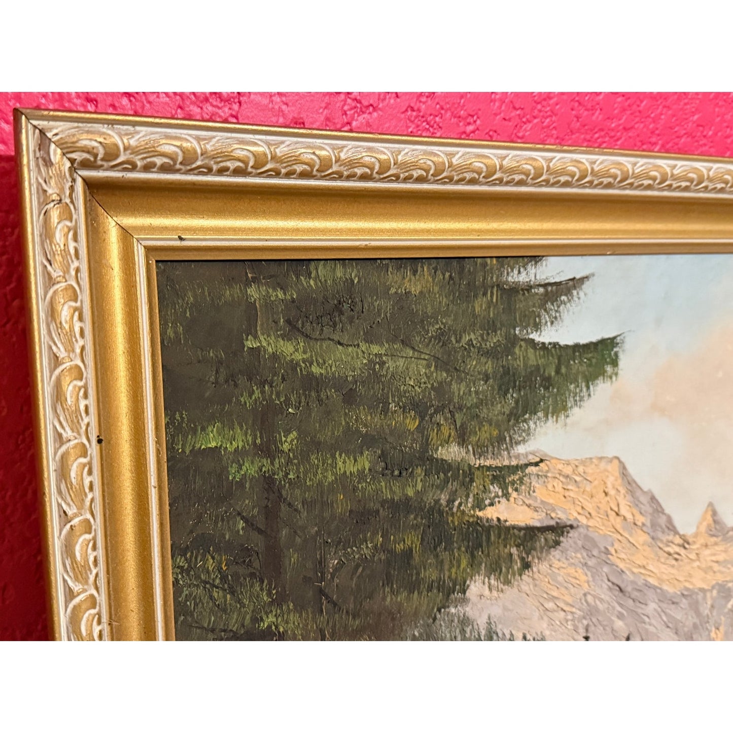 Vintage 1970's Lakeside Couple Wooded Landscape Oil Painting Signed “L Konig” 25x33