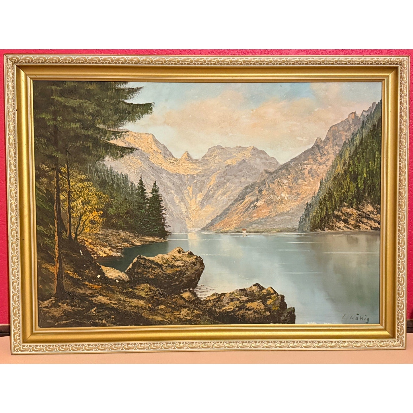 Vintage 1970's Lakeside Couple Wooded Landscape Oil Painting Signed “L Konig” 25x33