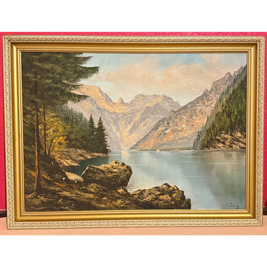 Vintage 1970's Lakeside Couple Wooded Landscape Oil Painting Signed “L Konig” 25x33