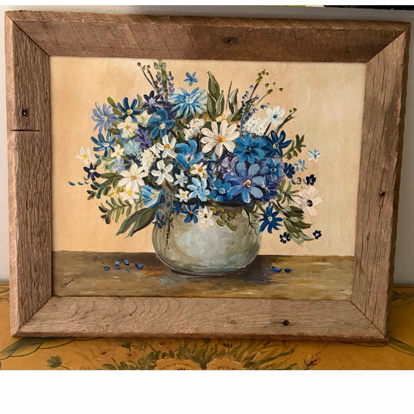 Vintage Flower Painting with Wooden Frame 21.5 x 18