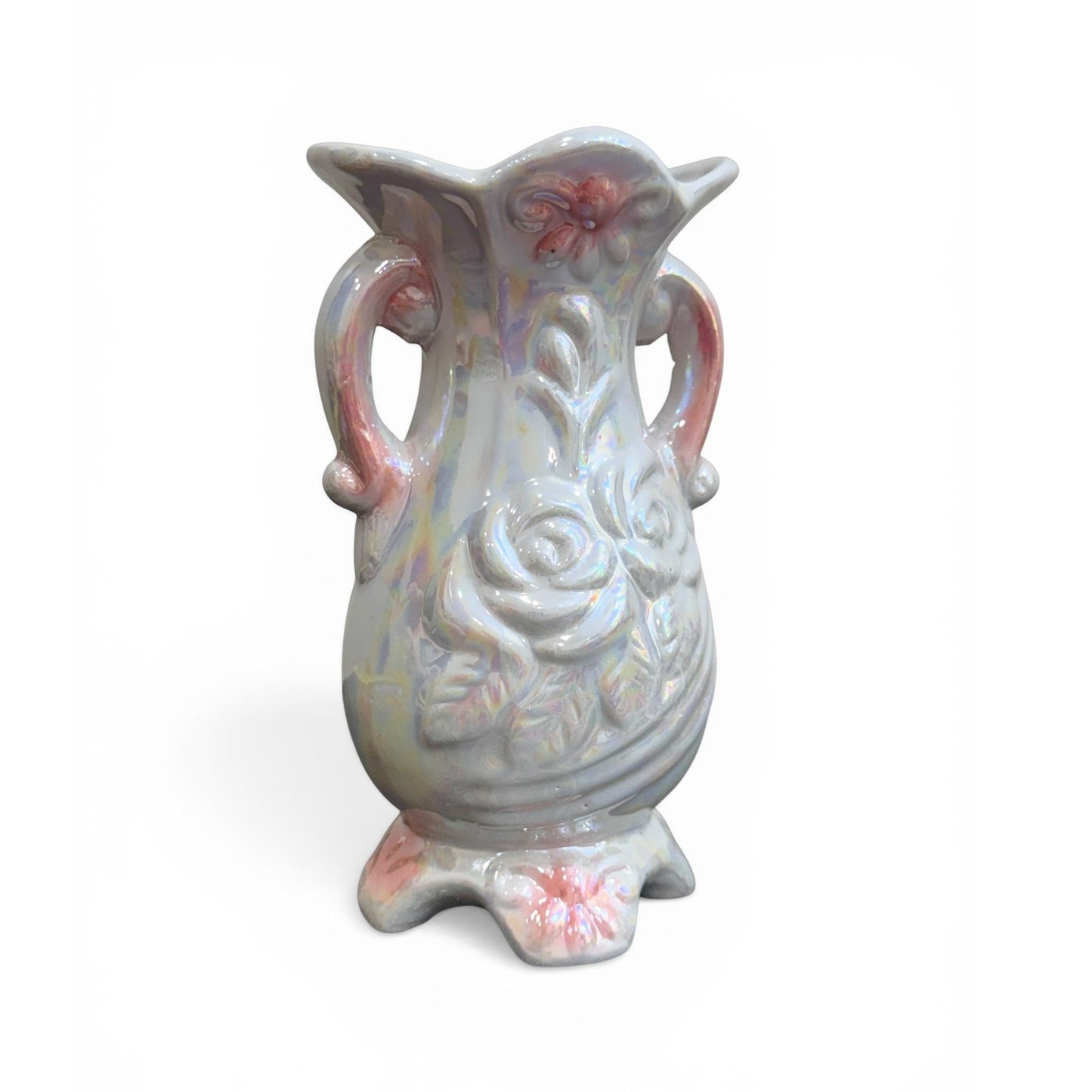 Vintage Iridescent Floral Vase – Pearl Lusterware Ceramic Double Handle Vase