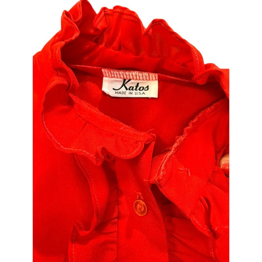 Vintage 70s Katos Red Ruffle Blouse | High Neck Romantic Retro S/M