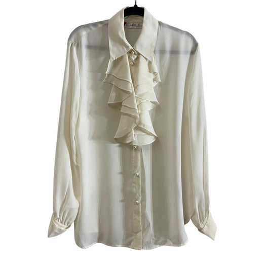 Vintage Chaus Ruffle Blouse – Ivory Sheer Button Down (1990s)