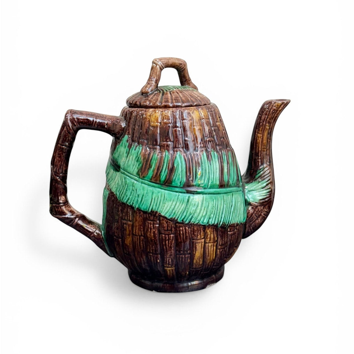 Vintage Bamboo Majolica Style Teapot – Hand-Painted Ceramic Tropical Leaf Design w/ Lid