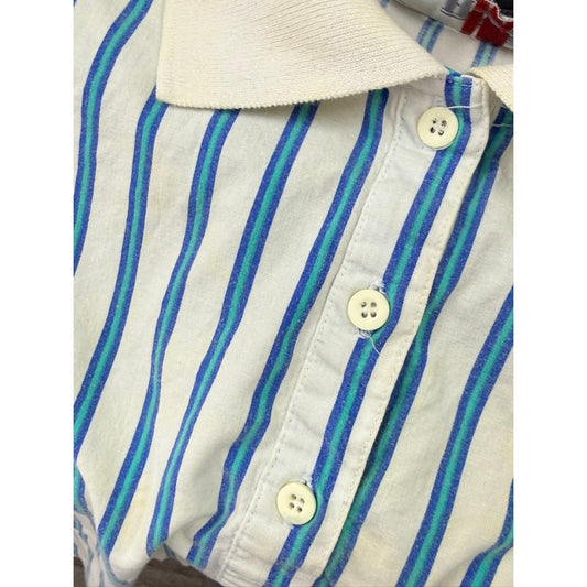 Vintage Striped Cotton Polo Crop Top | Blue Stripe Collared Shirt | Size Small
