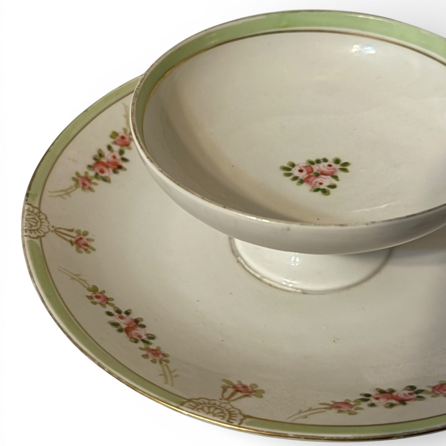 Antique Nippon Hand-Painted Tidbit Trays | Pink Roses (Set of 2, c. 1891–1921)