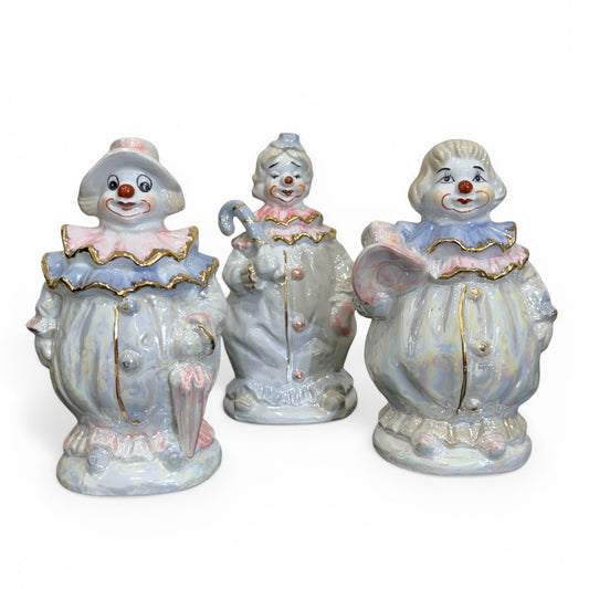 Vintage Iridescent Porcelain Clown Figurines Set of 3 – Pastel Gold Trim