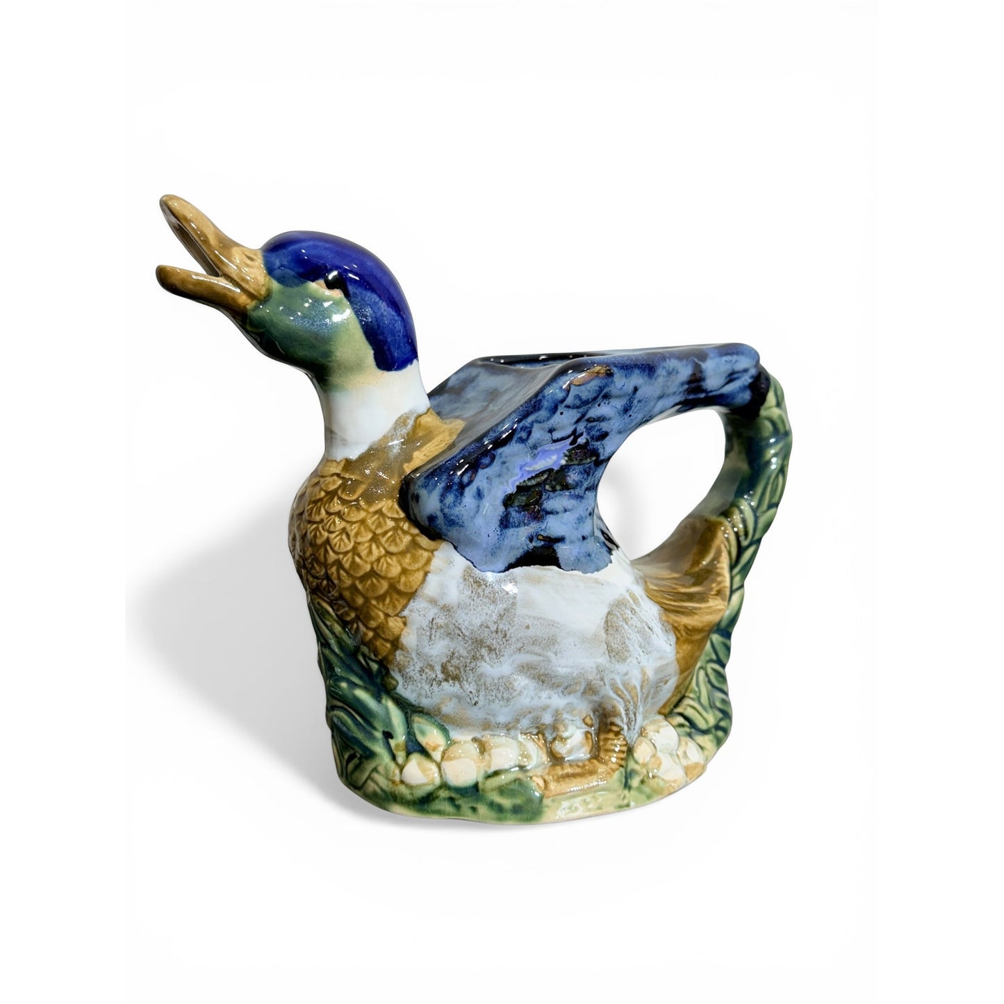 Vintage Majolica Style Duck Pitcher / Planter – Hand-Painted Ceramic Mallard