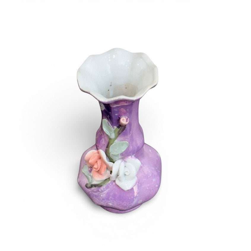 Vintage Purple Porcelain Vase w/ Applied Roses – Japan Style Floral Bud Vase