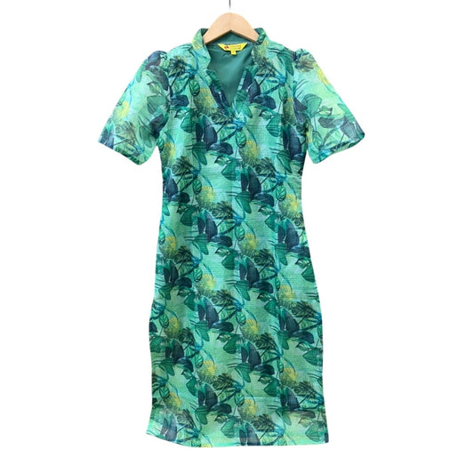 Wriddhi Wearable Art Green Tropical Midi Dress Botanical Print Designer Dress M