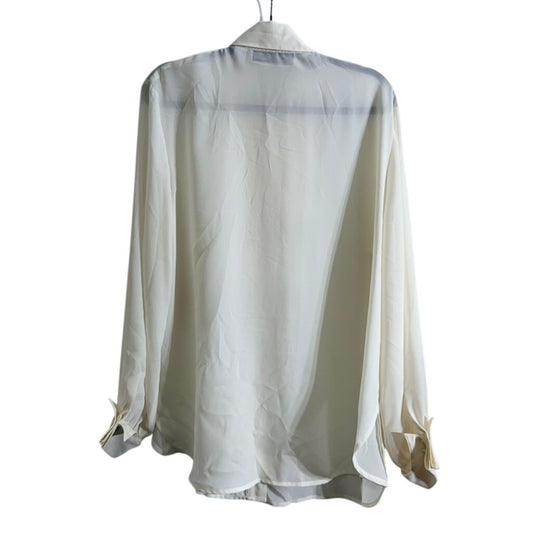 Vintage Chaus Ruffle Blouse – Ivory Sheer Button Down (1990s)