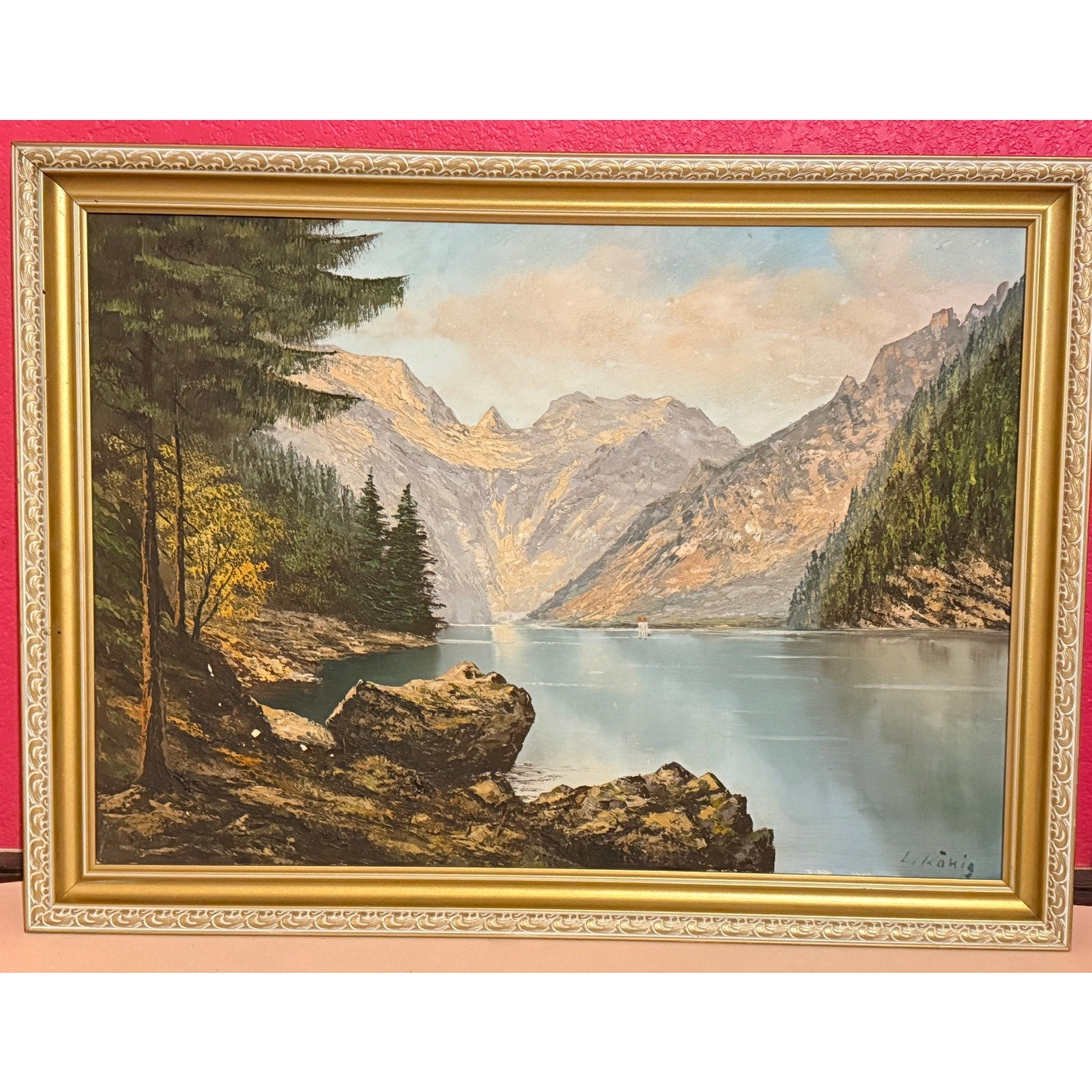 Vintage 1970's Lakeside Couple Wooded Landscape Oil Painting Signed “L Konig” 25x33