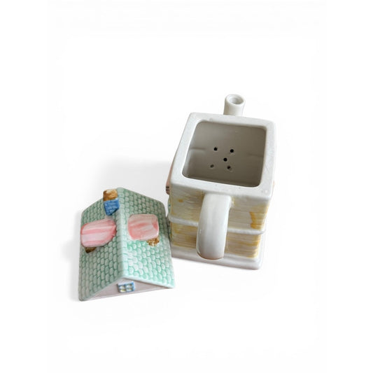 Vintage Ceramic Cottage House Teapot – Pastel Miniature House Teapot with Lid – Whimsical Cottagecore Kitchen Decor