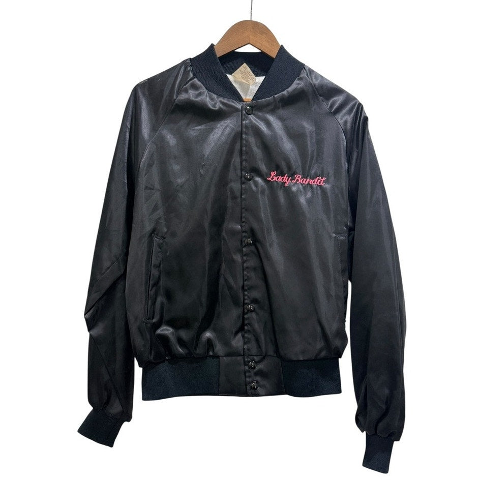 Vintage Satin Bomber Jacket Killin Time Kookers Lady Bandit Black USA Made Small Fit Retro 90s