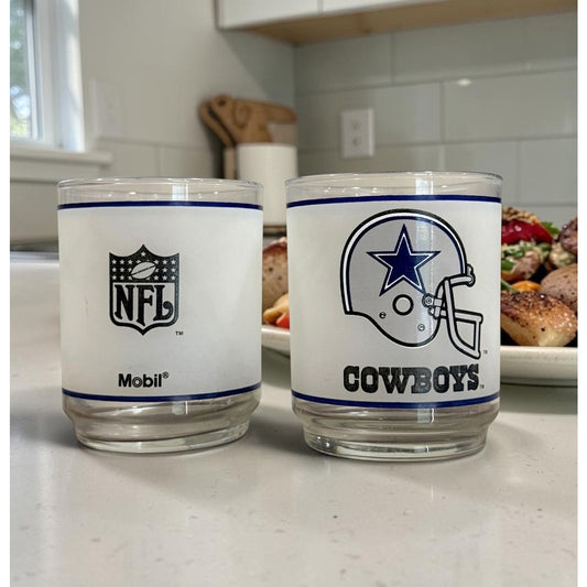 Vintage Dallas Cowboys NFL Mobil Glass Tumblers Set of 2 | 80s Football Barware