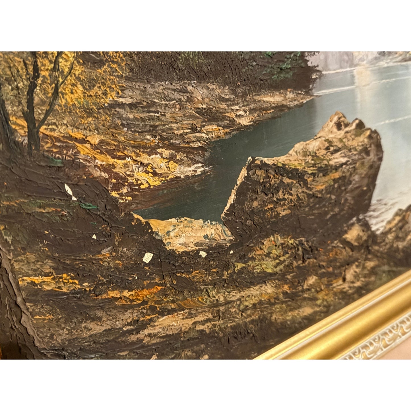Vintage 1970's Lakeside Couple Wooded Landscape Oil Painting Signed “L Konig” 25x33