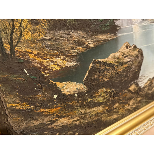 Vintage 1970's Lakeside Couple Wooded Landscape Oil Painting Signed “L Konig” 25x33