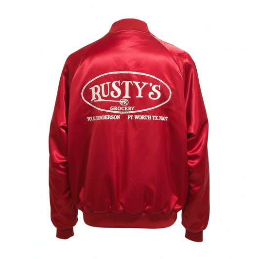 Vintage Rusty’s Grocery Satin Bomber Jacket Red USA Made Fort Worth Texas Advertising Jacket L