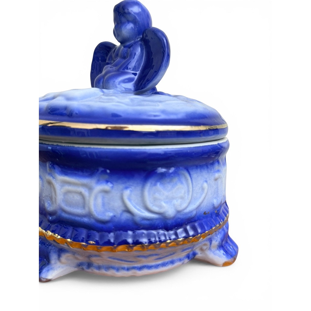 Vintage Blue & White Ceramic Angel Trinket Box w/ Gold Trim | Footed Vanity Jar | Cherub Lid
