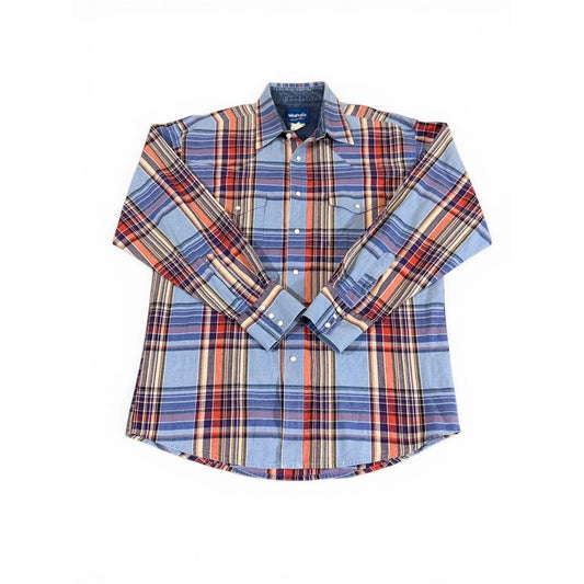 Vintage 90's Wrangler Western Plaid Pearl Snap Shirt Faded Denim Wash Cowboy