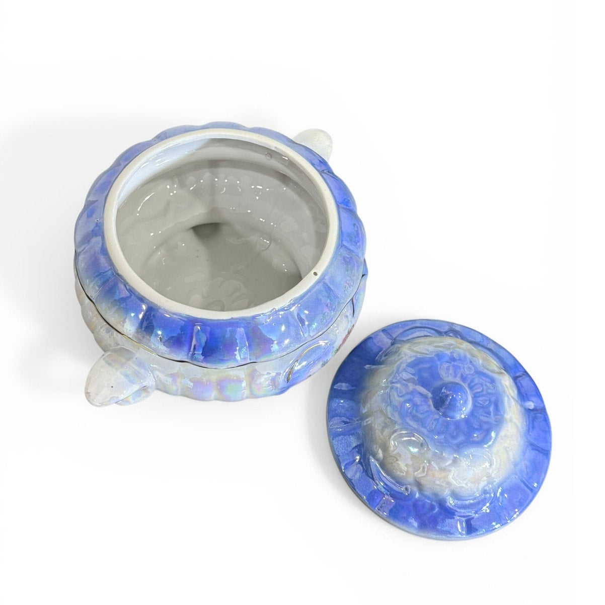 Iridescent Blue Lidded Dish / Footed Trinket Bowl