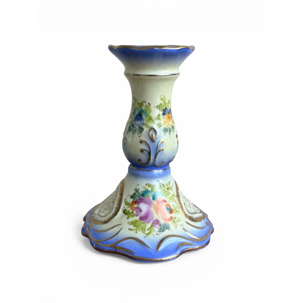 Vintage Hand-Painted Porcelain Candle Holder | Blue Floral w/ Gold Accents
