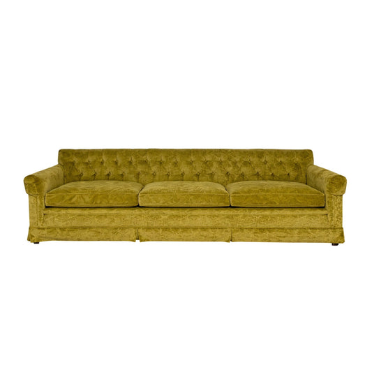 Vintage 1970s Green Velvet Curved Sofa 8ft Tufted Mid Century Hollywood Regency