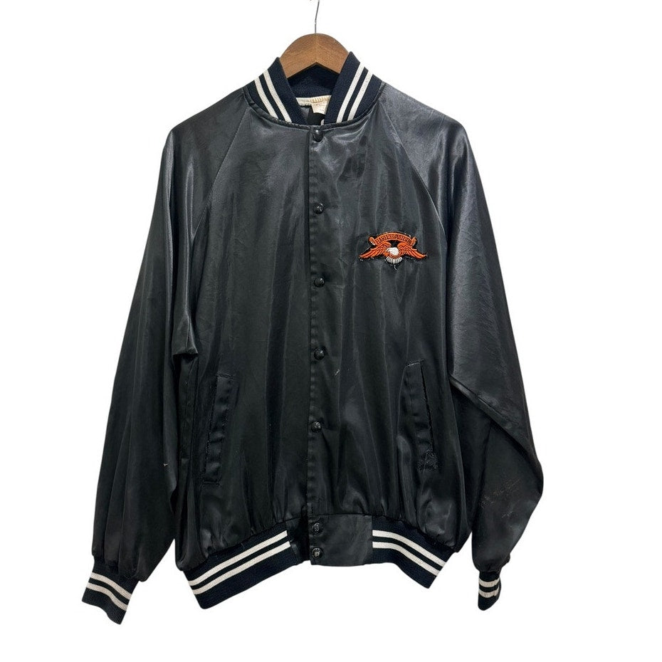 Vintage Harley Davidson Satin Bomber Jacket Black USA Made XL Snap Front Biker Jacket Retro