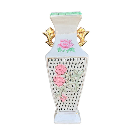 Vintage Reticulated Porcelain Vase | Gold Handle Floral Vase | Hand Painted Lattice Vase | 14” Statement Piece
