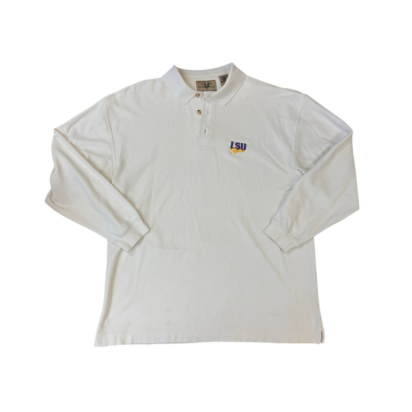 Vintage 90's LSU Tigers Polo Shirt White Embroidered Logo Gear for Sports XL