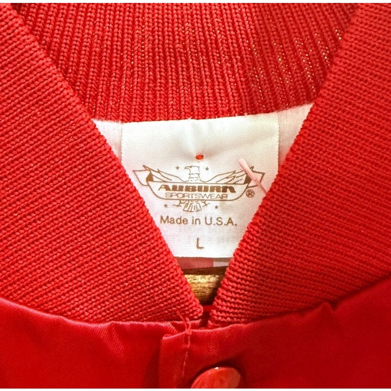 Vintage Rusty’s Grocery Satin Bomber Jacket Red USA Made Fort Worth Texas Advertising Jacket L