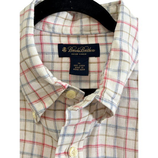 Brooks Brother Blue and Red Plaid Irish Linen Men's Button Up Shirt - XL