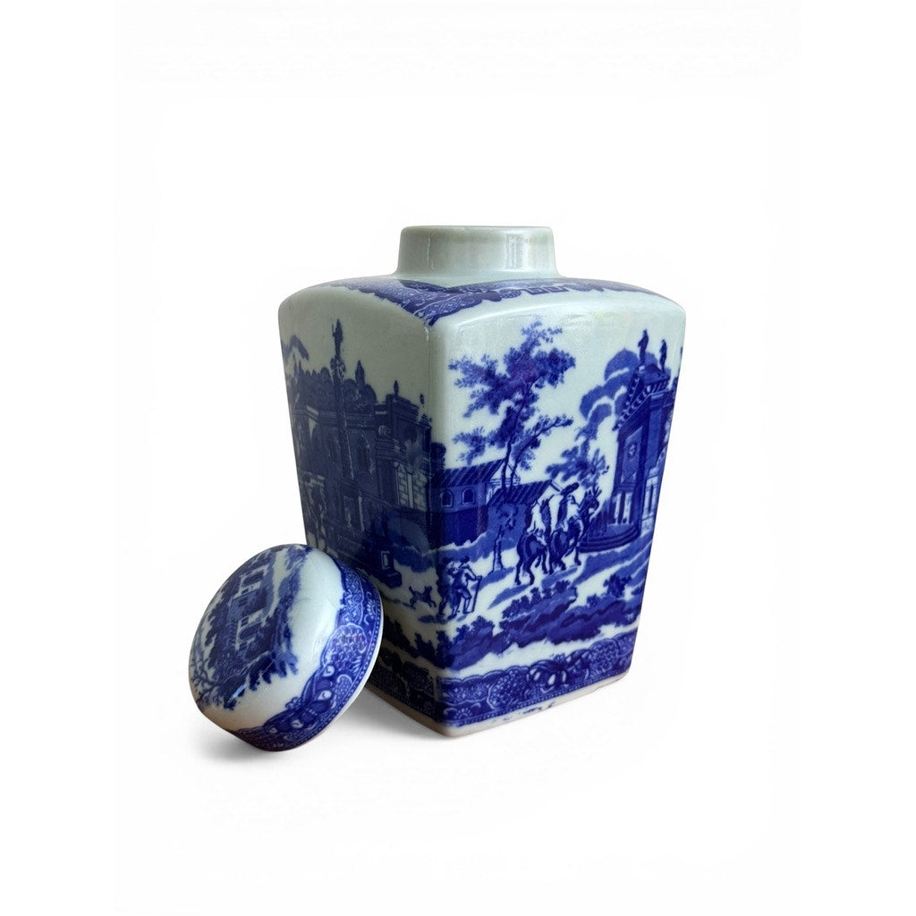 Vintage Blue & White Chinoiserie Lidded Ginger Jar / Tea Caddy Style Vase