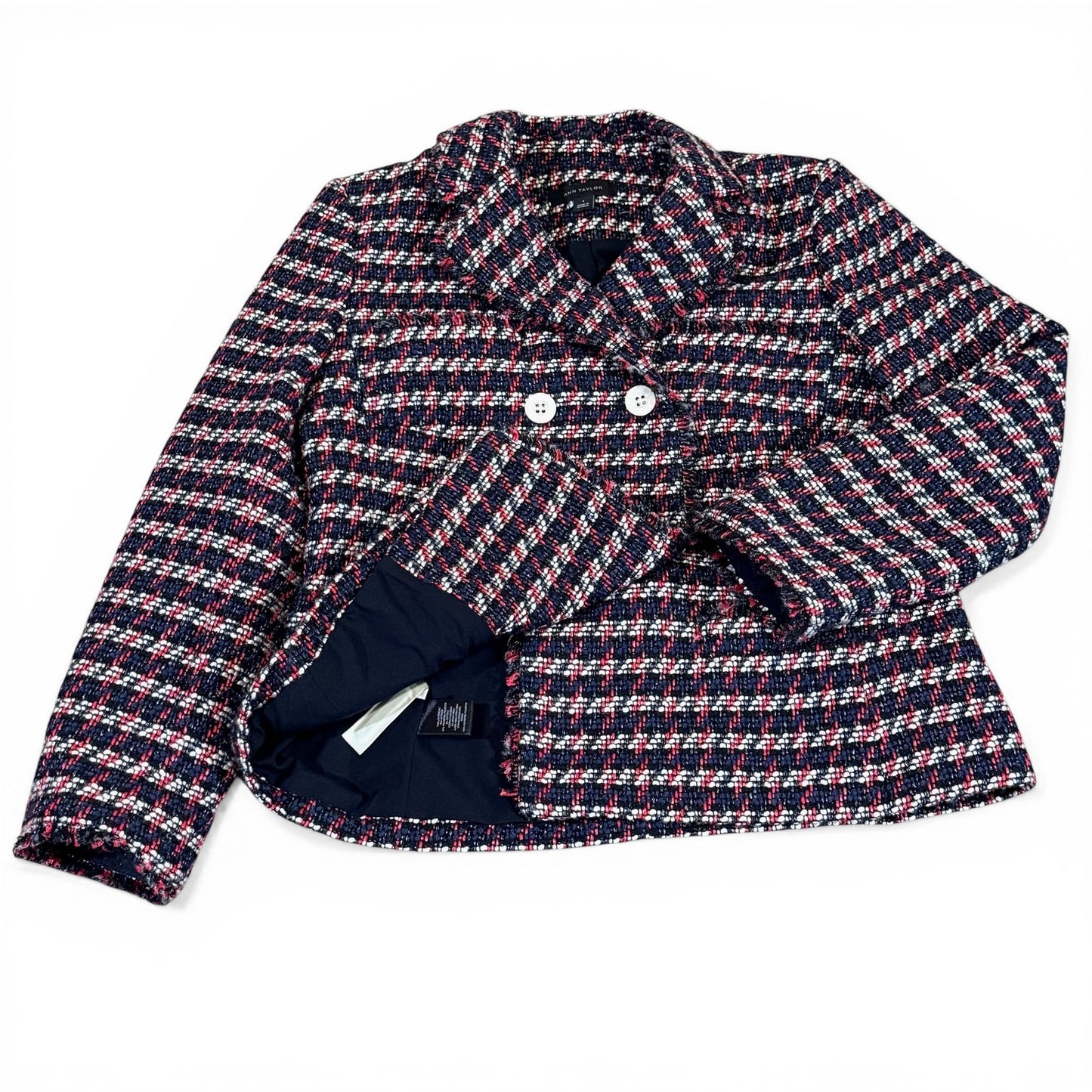 Ann Taylor Tweed Blazer Size 6 Red Navy White Textured Jacket Classic Chic